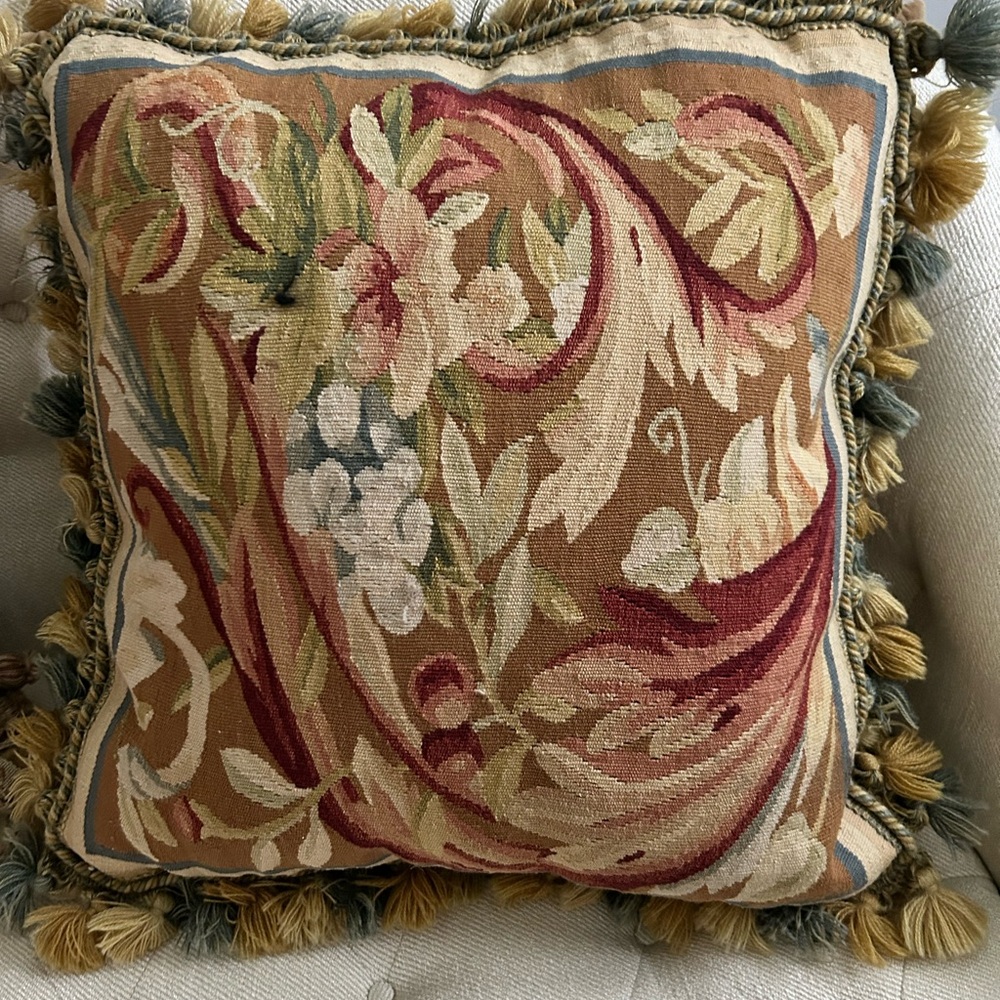 Like New Red and Green Acanthus Leaf Accent Pillow with Feather insert.